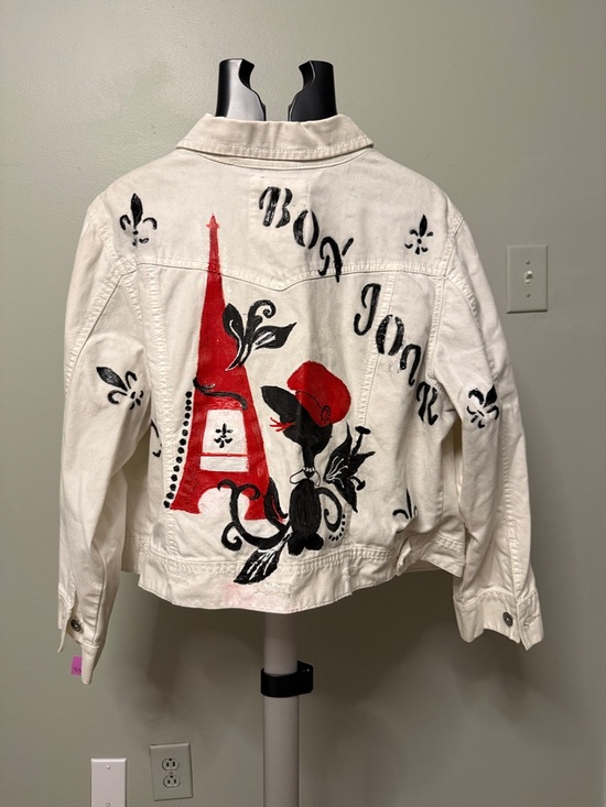 avenue jeans Jackets & Blazers - White Painted Denim Jean Jacket with Red Eiffel Design